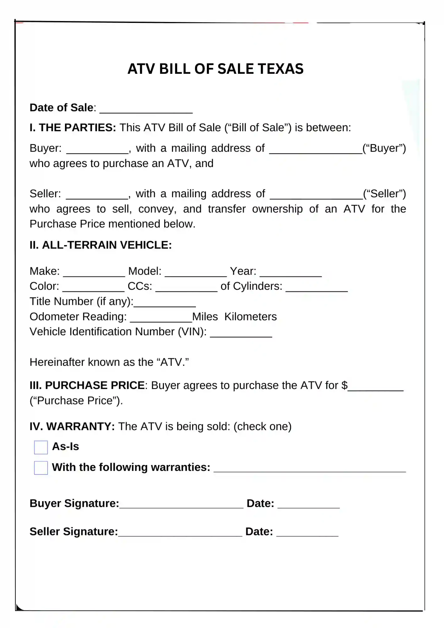 Texas Bill of Sale PDF Downloads