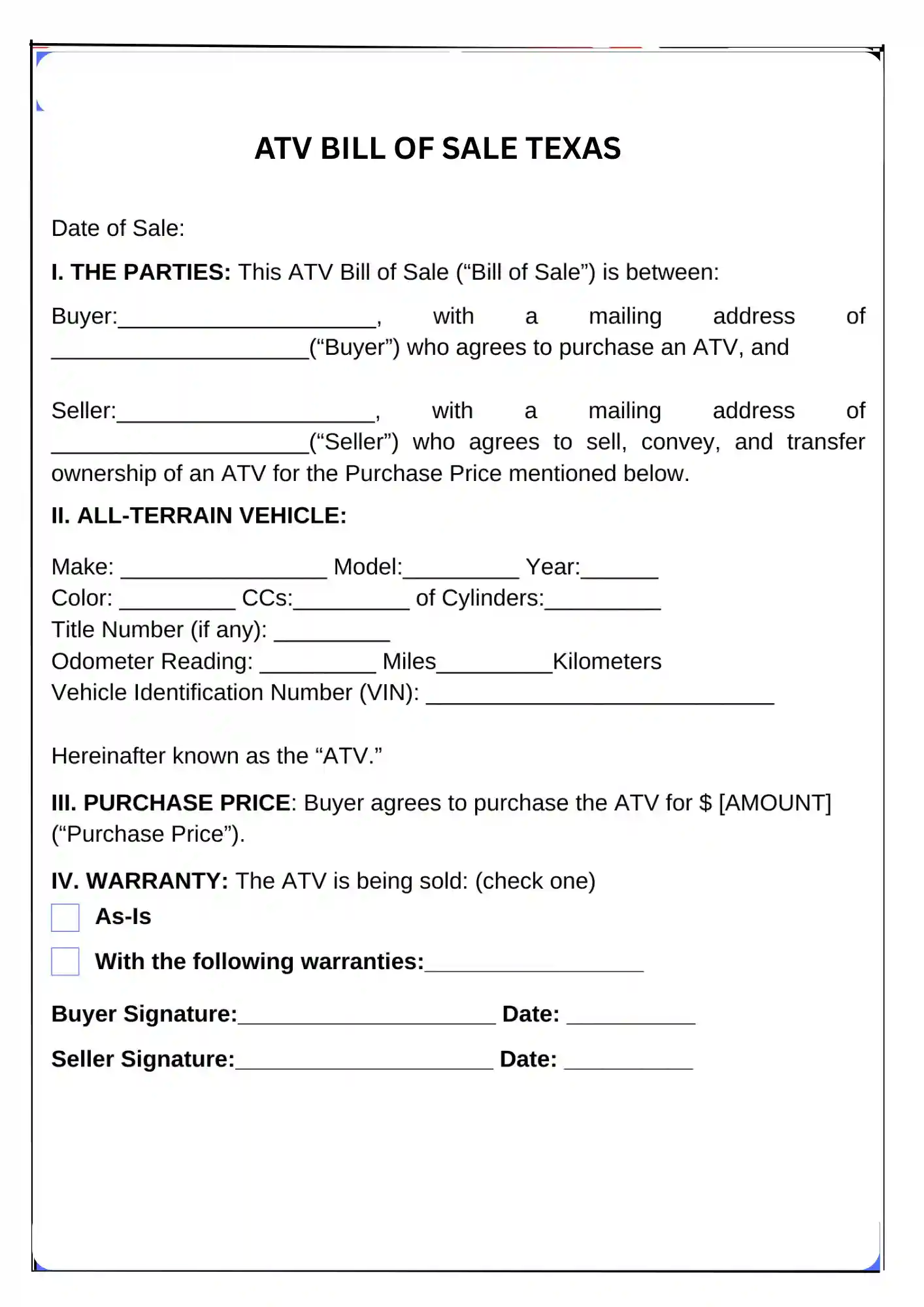 Texas Bill of Sale PDF Downloads
