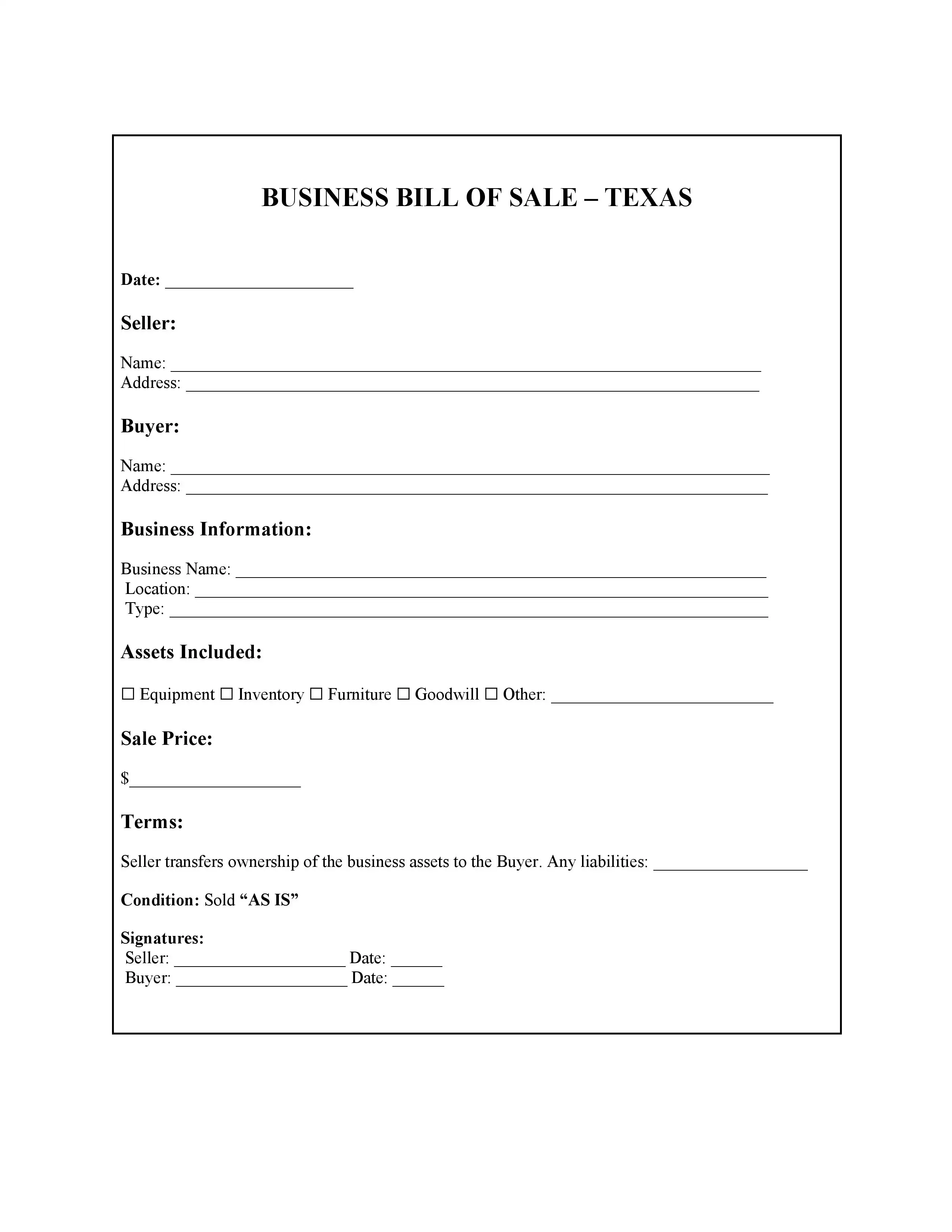 Texas Bill of Sale PDF Downloads