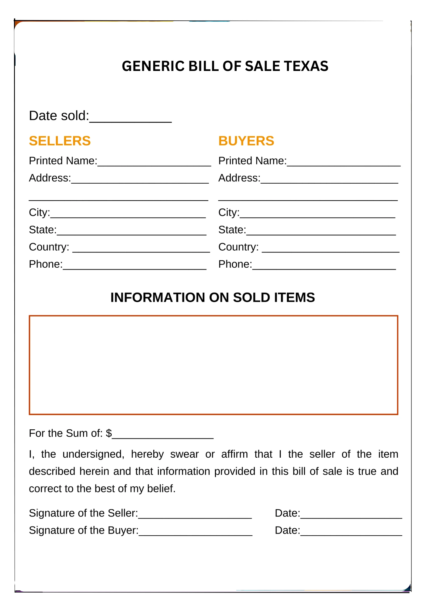 Texas Bill of Sale PDF Downloads