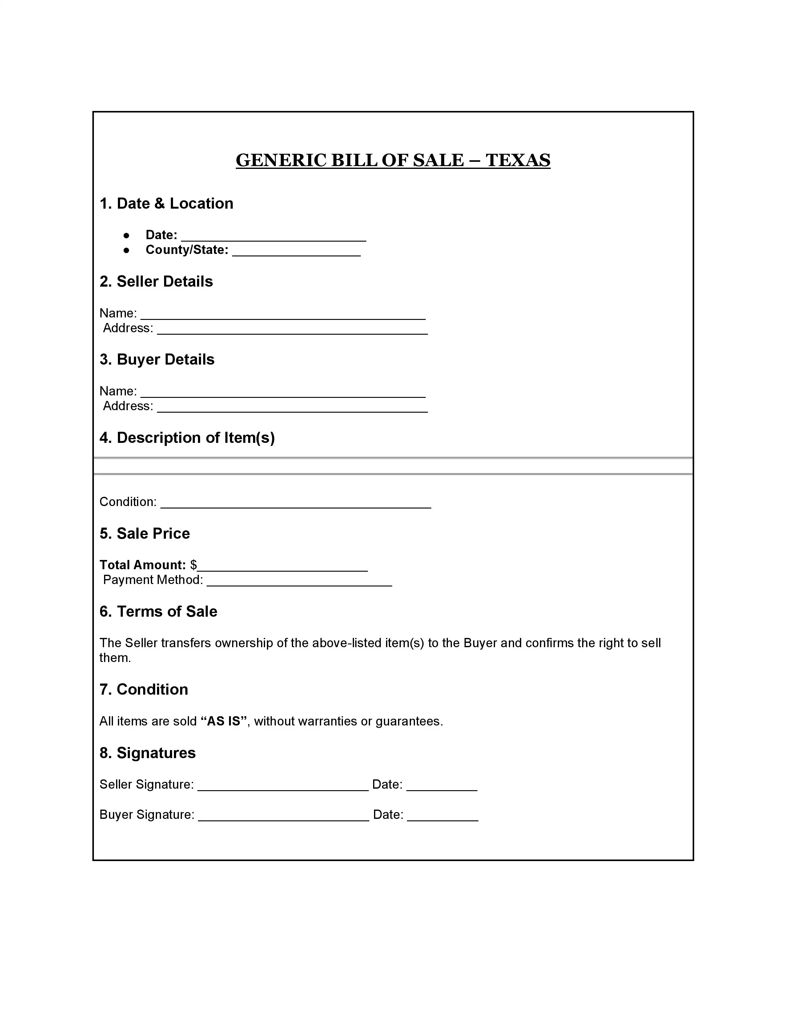 Texas Bill of Sale PDF Downloads